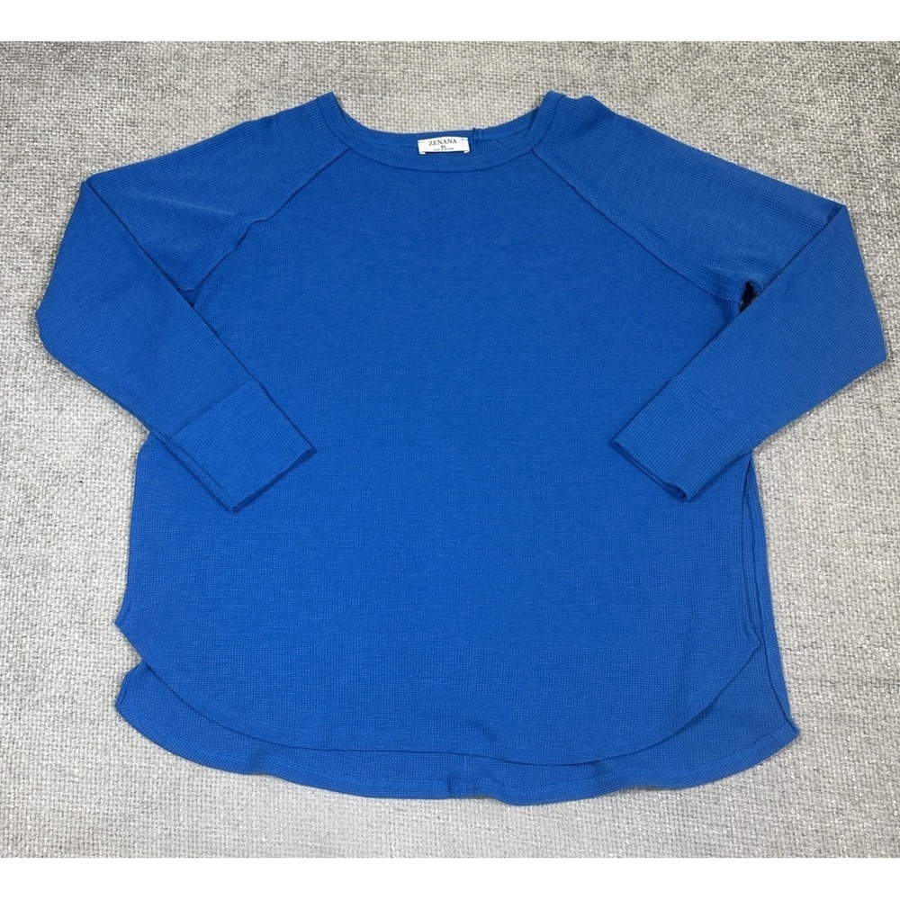 Zenana Top Womens XL Blue Thermal Waffle Knit Tunic Raglan Casual Lounge - Picture 3 of 9